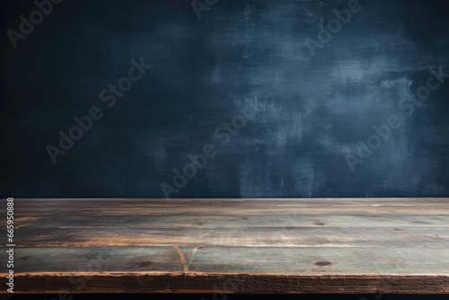 empty wooden table with dark blue grunge wall in the background