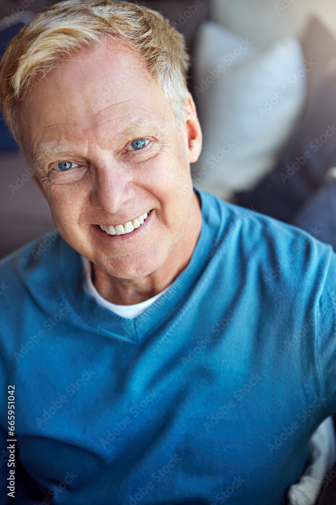 Portrait, mature or happy man in home with confidence or joy on living room sofa in an apartment. Relax, face or senior person with smile, peace or wellness in home for a resting break in retirement Portrait, mature or happy man in home with confidence or joy on living room sofa in an apartment. Relax, face or senior person with smile, peace or wellness in home for a resting break in retirement