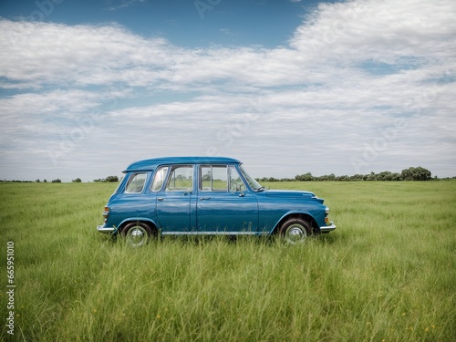 blue retro car in grass