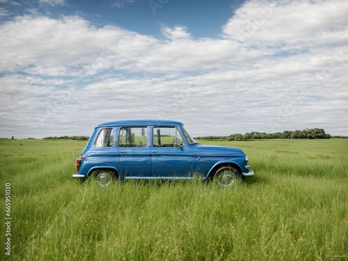 blue retro car in grass