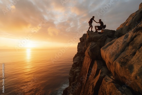 Two men climbing on rock near sea at sunset, one climber sitting on top of peak and offering his hand to help his teammate climb up, sunset light