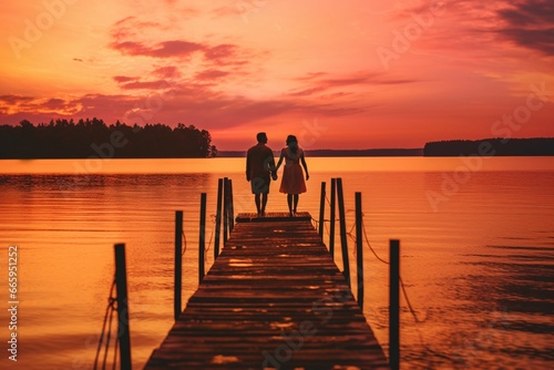 Two people on a dock, posing at sunset