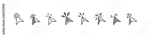 Car navigation doodle pointer set. Hand drawn sketch click icon. Sketch vector illustration. Engraved mouse cursor. GPS arrow sign