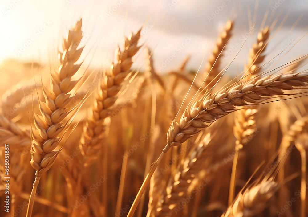 Golden wheat field under the sky. Generative AI Golden wheat field under the sky. Generative AI