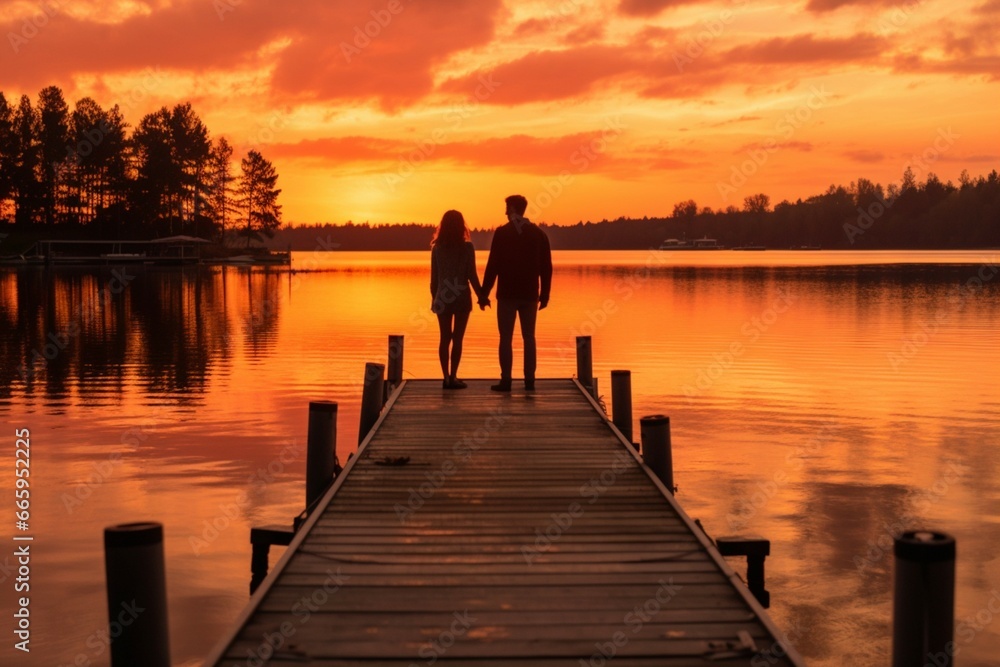 Two people on a dock, posing at sunset Two people on a dock, posing at sunset