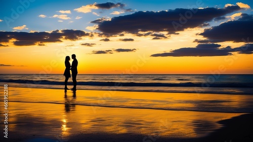 silhouette of a couple on the beach at sunset. AI Generated