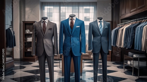 Men shirt in form of suits on mannequin in tailoring room Luxury banner for an expensive men's cloth
 photo