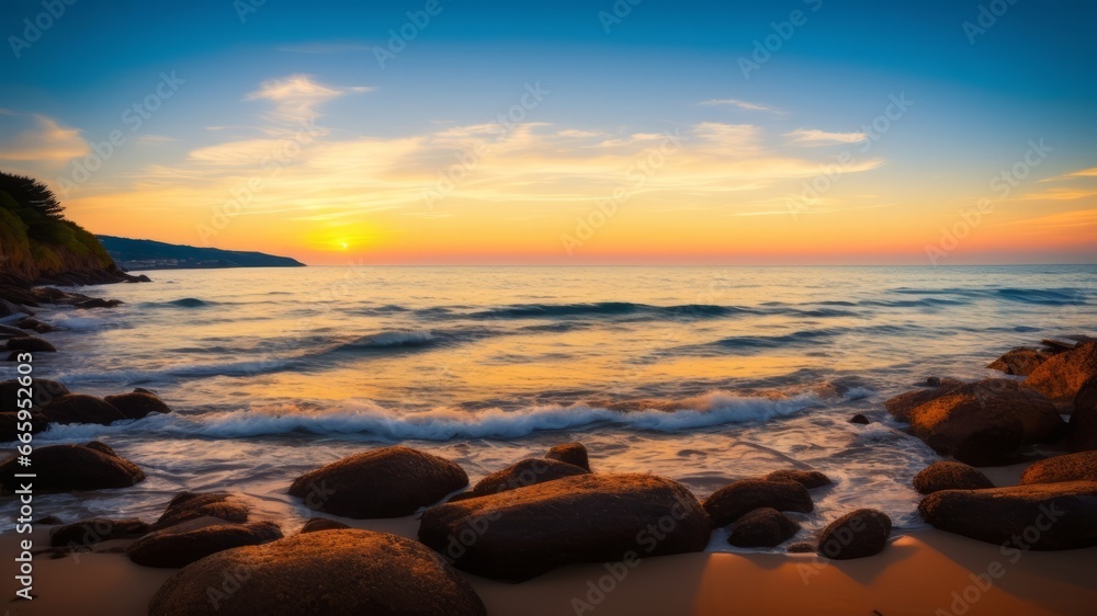 Rocky Beach Sunset Shoreline with Seagulls. AI Generated Rocky Beach Sunset Shoreline with Seagulls. AI Generated