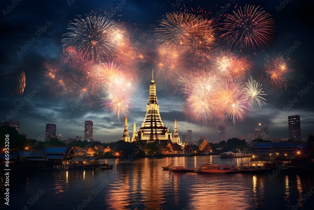 Fireworks, celebration, riverside temple, view of the Chao Phraya River in Bangkok, wide angle.