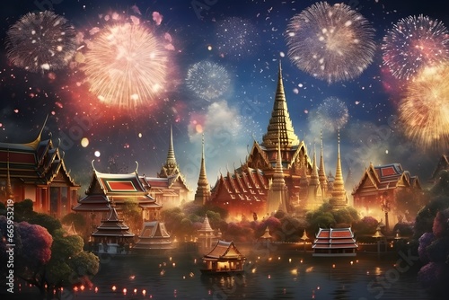 Thai temple  fireworks  celebration.