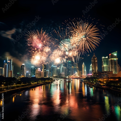 Fireworks, celebration in the sky, City buildings, Chao Phraya River in Bangkok, wide angle.