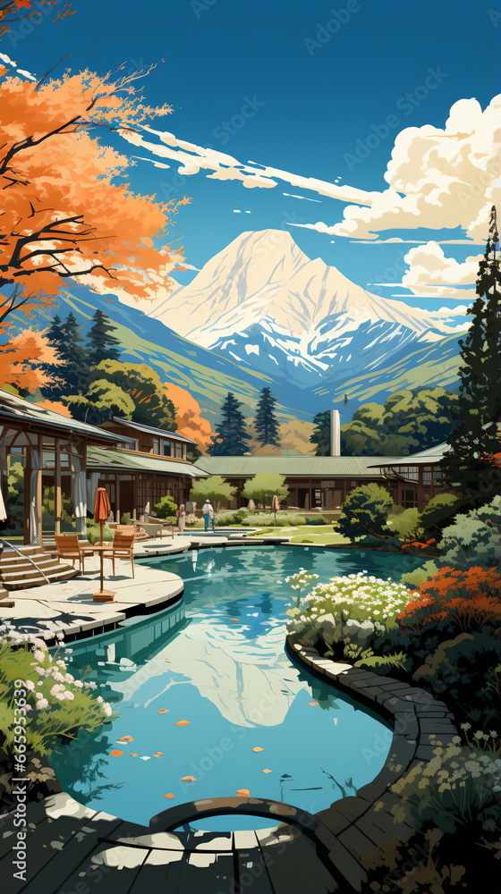 Illustration of Pool/Hot Springs Scene with Distant Autumn Mountains