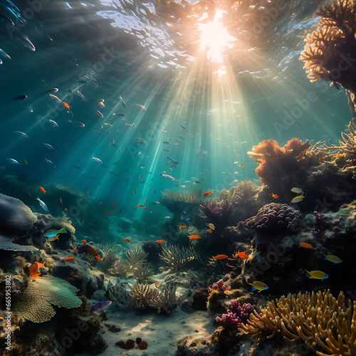 underwater scene with coral reef and coral