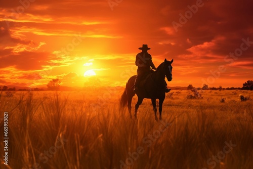 Two people riding horses on a grassy field at sunset © alisaaa