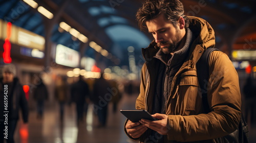 Caucasian Man Using Smartphone at Station Business Street  Face Lit by Screen 