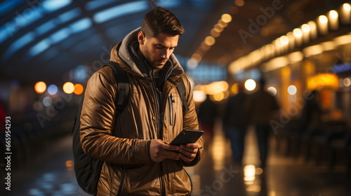 Caucasian Man Using Smartphone at Station/Business Street, Face Lit by Screen 