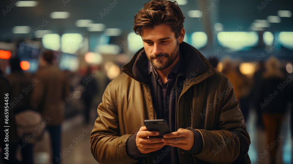 Caucasian Man Using Smartphone at Station/Business Street, Face Lit by Screen Caucasian Man Using Smartphone at Station/Business Street, Face Lit by Screen
