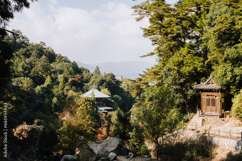 Forest scenery and temples along the Mount Misen hike walking track, Miyajima (Itsukushima), Japan.