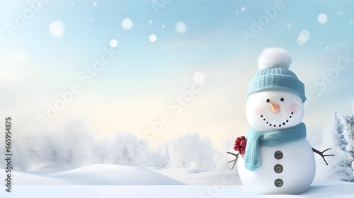 snowman in the snow, Snow falling with snowman Christmas Background, Funny snowman on Christmas holiday winter background, Merry Christmas and Happy Holidays wishes, generative ai photo