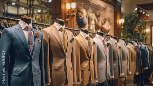 Men shirt in form of suits on mannequin in tailoring room Luxury banner for an expensive men's cloth 