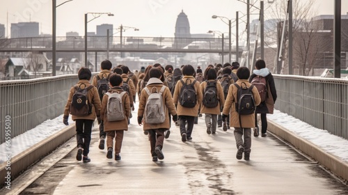 Group of young children walking together in friendship, embodying the back-to-school concept on their first day of school photo