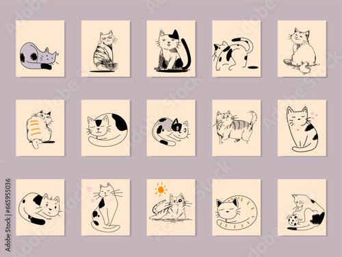Set of cute cats poses icon character vector illustration. Cartoon portrait of playful pets with funny faces cats.