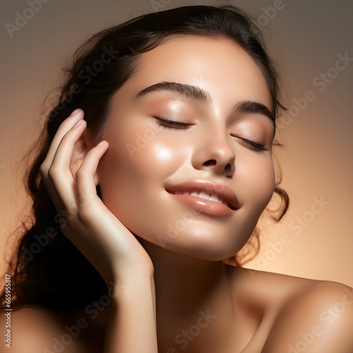 Beautiful brunette woman touching her face and smiling, beauty facial treatment clear skin radiant dermatology collagen anti ageing 