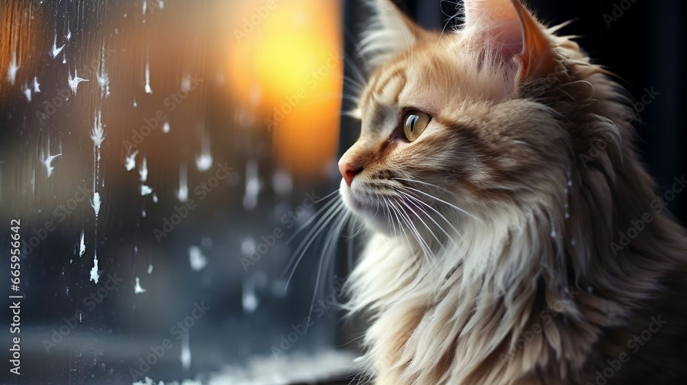 A cat perched near a window with falling snow
