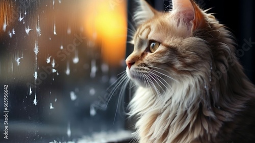 A cat perched near a window with falling snow 