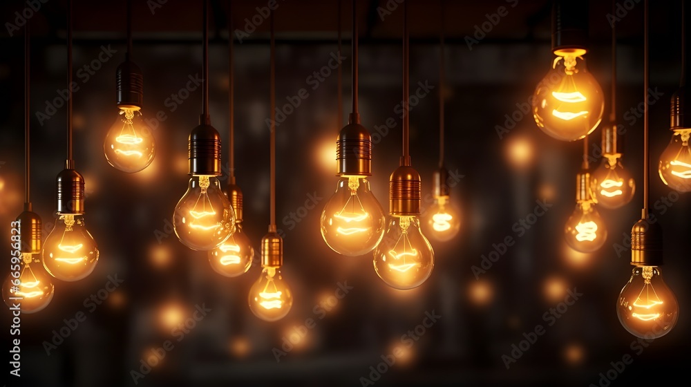 bulbs on the wall, bulbs on the ceiling, bulbs in the dark,  