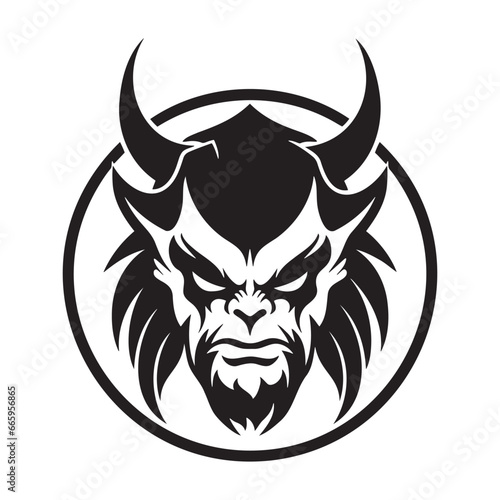 Vector illustration. Male portrait of a malevolent laughing devil businessman with horns.