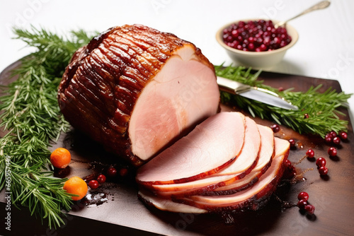 glazed sliced ham on dinner table for Thanksgiving Christmas Holiday Dinner,Generative Ai