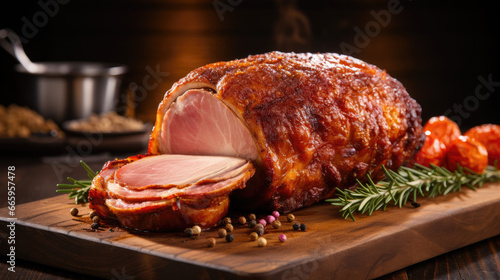glazed sliced ham on dinner table for Thanksgiving Christmas Holiday Dinner,Generative Ai