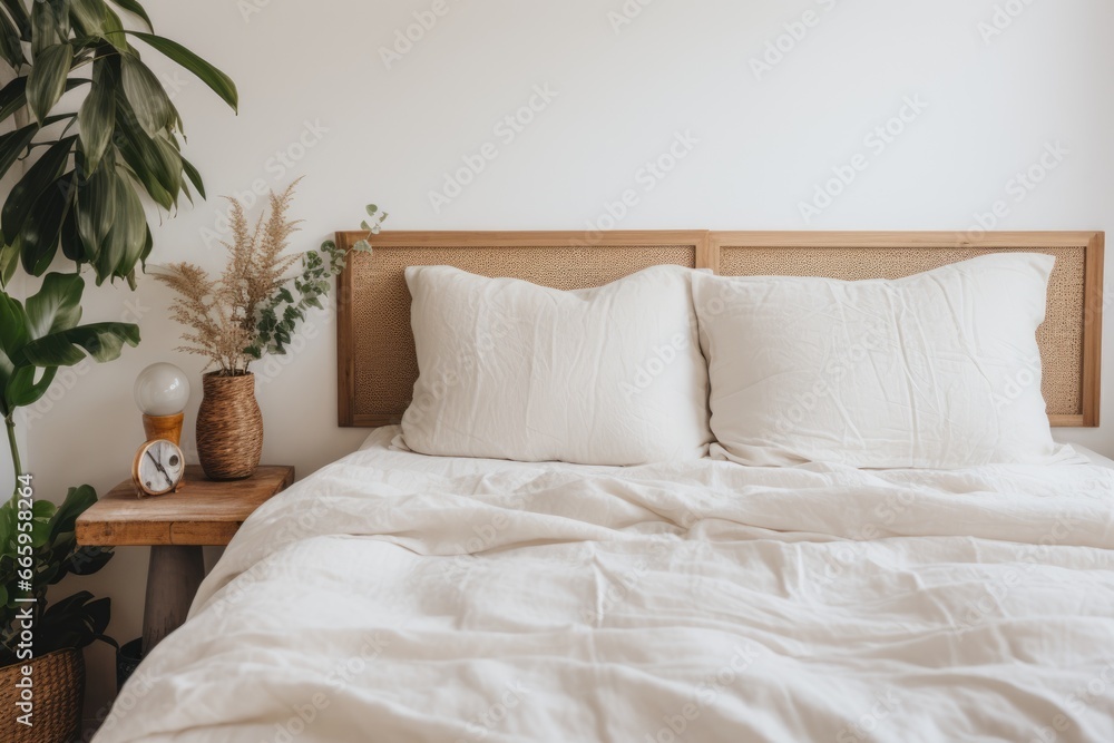 Bed with organic bed linen. Details of modern minimal bedroom