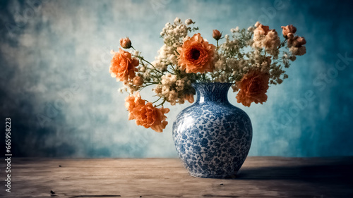 Vaso d'Epoca in Ceramica su Sfondo Blu con fiori photo