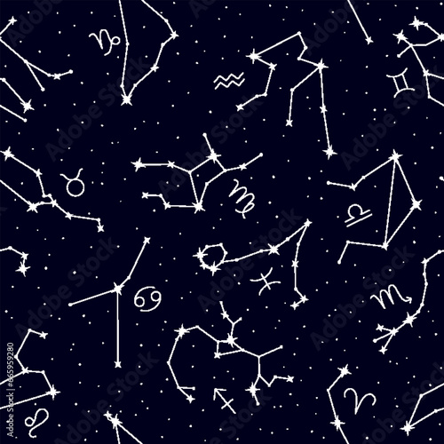 Seamless pattern of zodiac constellations on night sky. Glowing astrological symbols repeating print. Astrology, horoscope signs, constellations of stars vector illustration