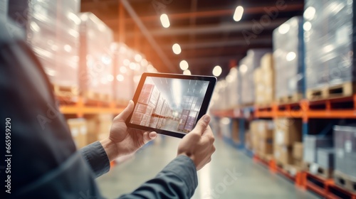 Futuristic Technology Warehouse Concept: Female Worker Doing Inventory, Using Augmented Reality Application On Tablet. Woman Analyzes Digitalized Products Delivery Infographics in Distribution Center.