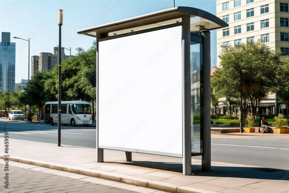 Vertical blank white billboard at bus stop on city street, In the background buildings and road, Mock up, Poster on street next to roadway, Sunny summer day Vertical blank white billboard at bus stop on city street, In the background buildings and road, Mock up, Poster on street next to roadway, Sunny summer day