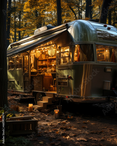 camping in autumn forest. nature, getting away, real moments and local travel concept. travel trailer with lights among the trees