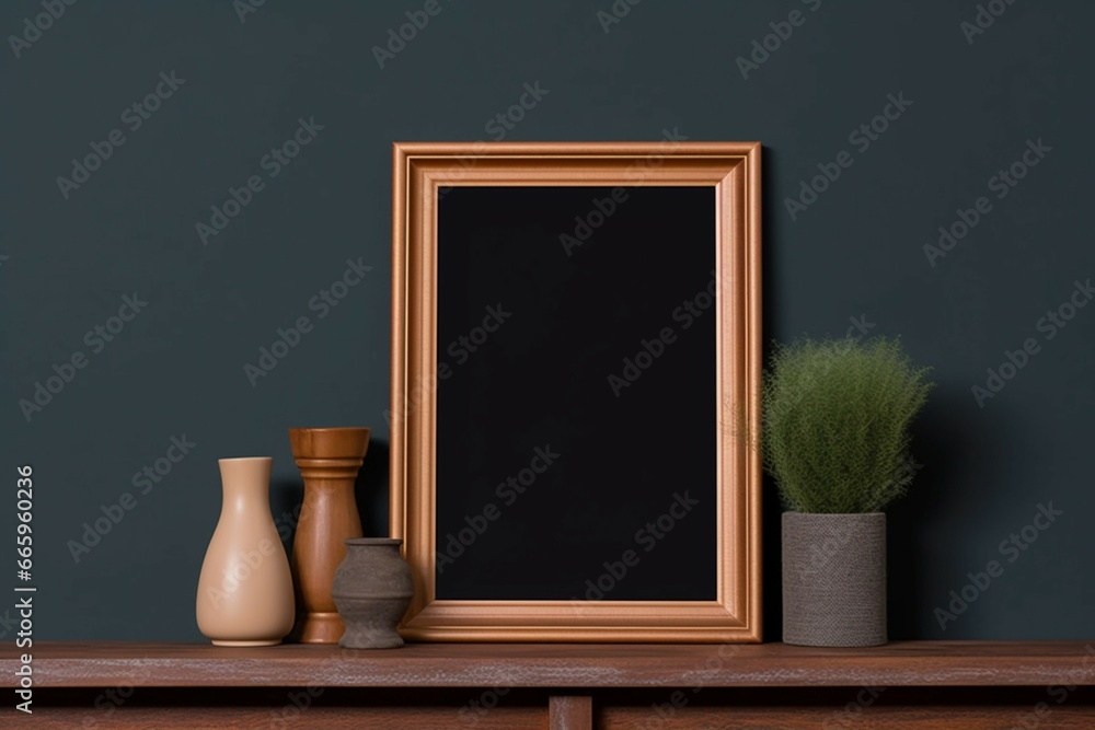 Vertical wooden photo frame mockup on dark paneled wall shelf, Vertical wooden photo frame mockup on dark paneled wall shelf,