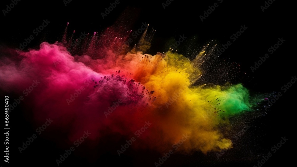 Vibrant color dust particles exploding on black background