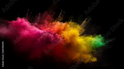 Vibrant color dust particles exploding on black background