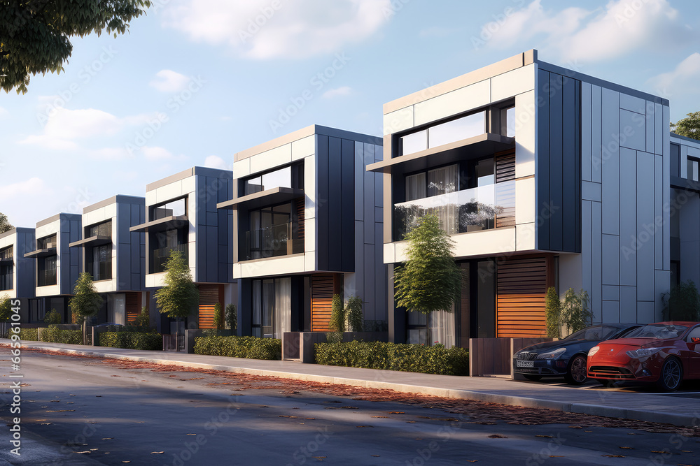 Modern modular townhouses, urban residential architecture at its finest. Discover stylish and contemporary homes that are perfect for urban living, modern design and real estate development.