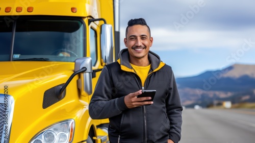 Truck driver man using his phone 
