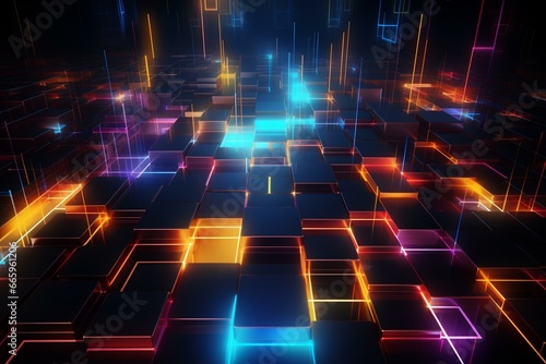 Vibrant squares and glowing trails on dark backdrop. Generative AI © James