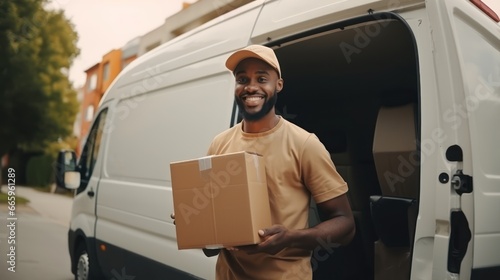 Delivery man standing in front of his van 