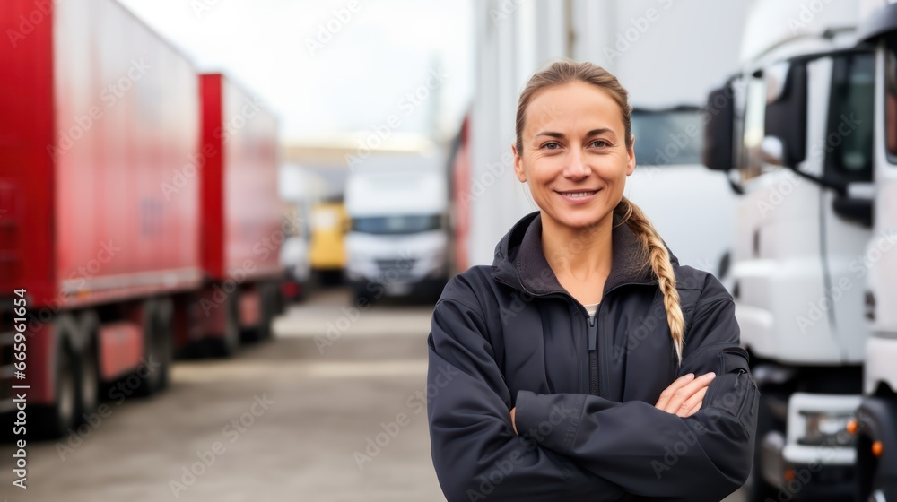 Truck driver occupation. Portrait of woman truck driver in casual clothes standing in front of truck vehicles. Transportation service. - obrazy, fototapety, plakaty 
