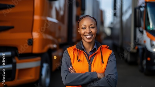 Truck driver occupation. Portrait of woman truck driver in casual clothes standing in front of truck vehicles. Transportation service. © kimly
