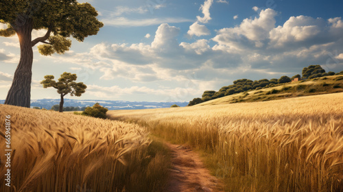 Road in Gold Wheat flied panorama with oak tree at sunset  rural countryside