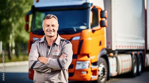 Portrait of Truck driver standing with lined up in the background